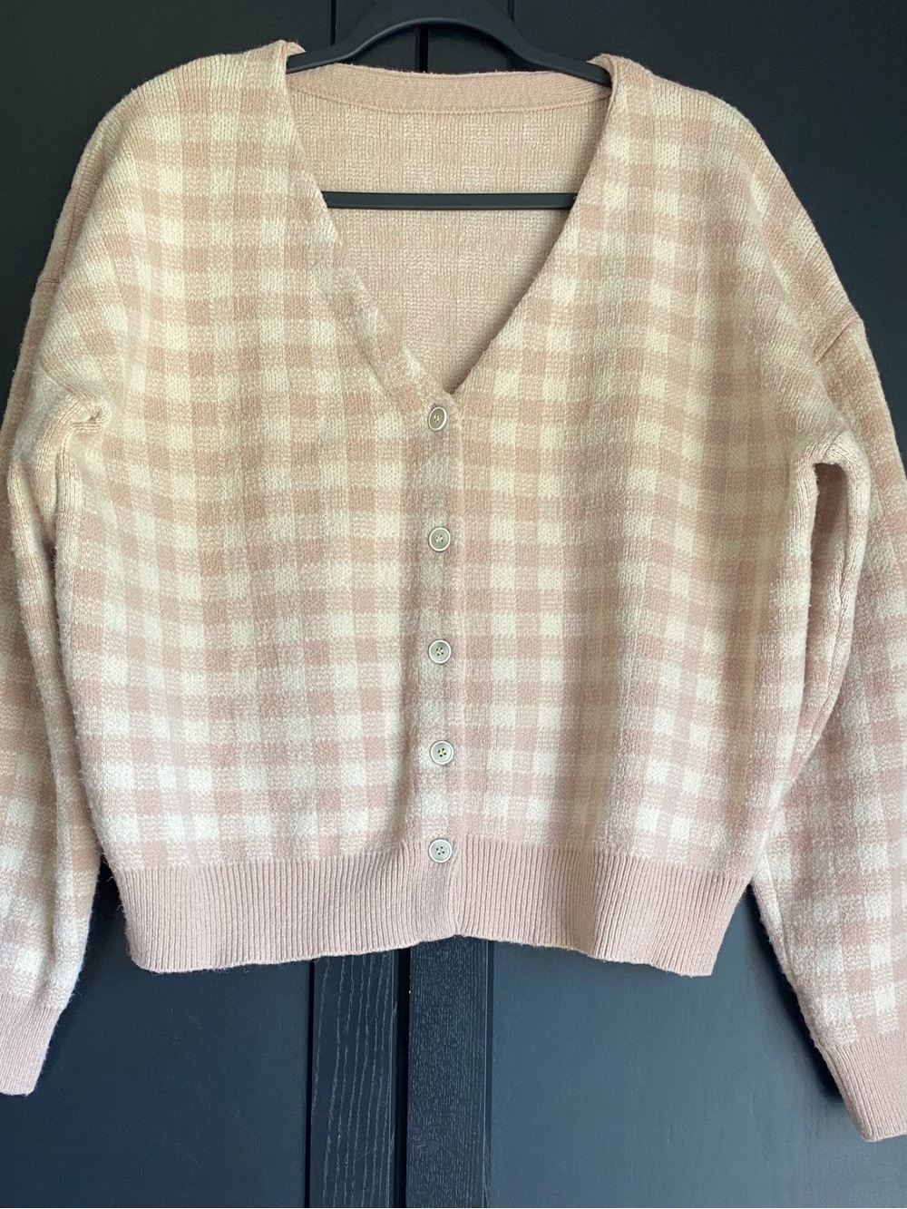 Dazy Button-Front Pink Check V-Neck Sweater